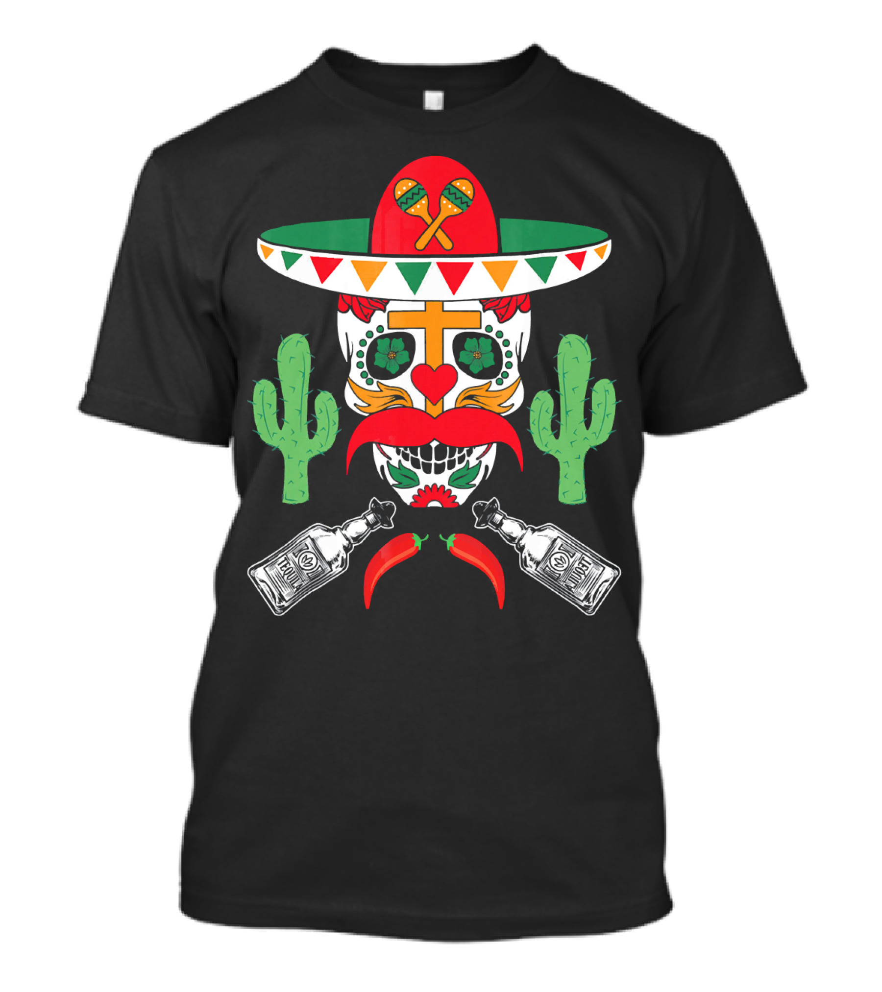 Cinco De Mayo Sugar Skull Sombrero Cactus With Tequila And Peppers T-Shirt