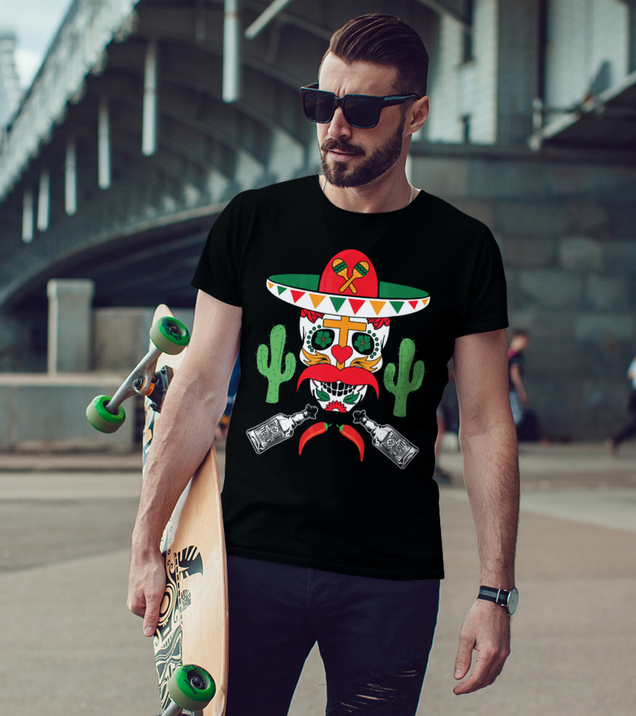 Cinco De Mayo Sugar Skull Sombrero Cactus With Tequila And Peppers T-Shirt