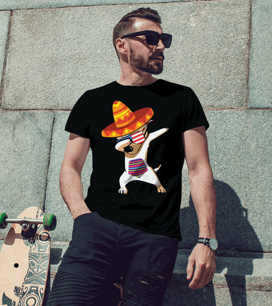Sombrero Chihuahua Dabbing Mexican Chihuah American Flag Glasses T-Shirt