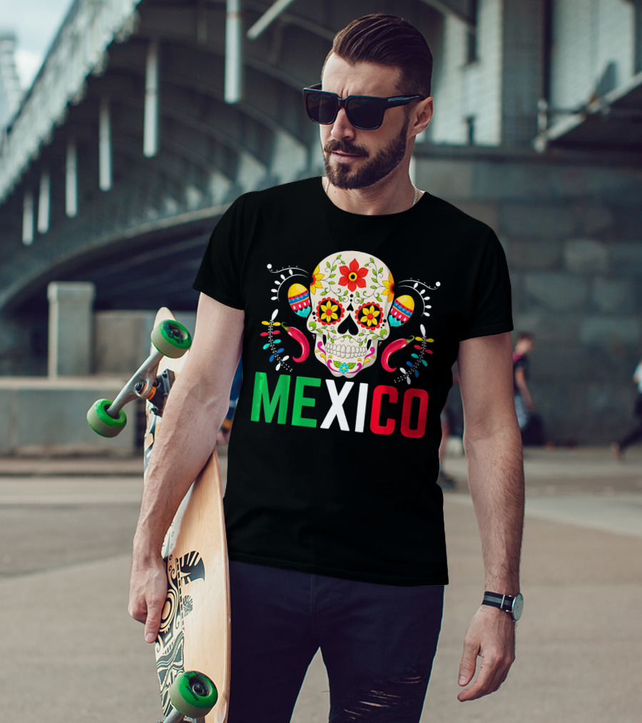 Colorful Cinco De Mayo Mexico Sugar Skull Design With Decorative Elements T-Shirt