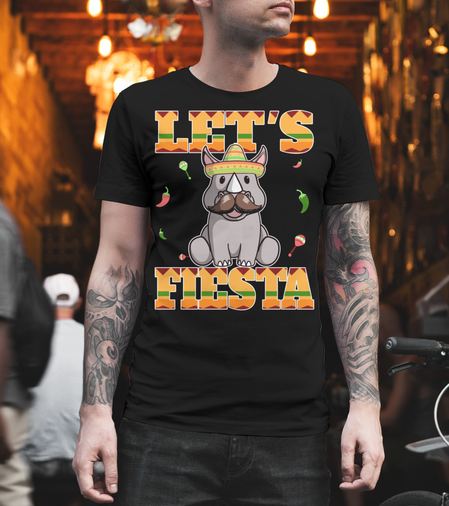 Let's Fiesta Rhinoceros Cinco De Mayo Mex Sombrero Peppers Maracas T-Shirt
