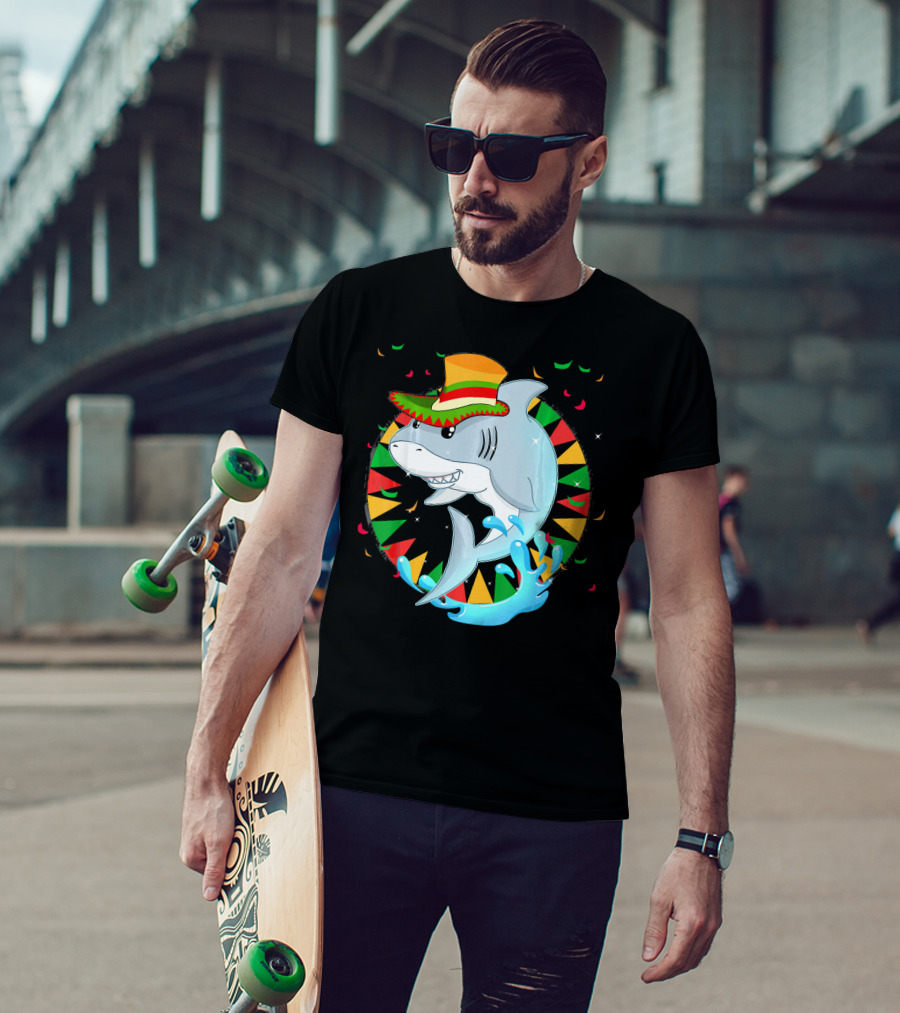 Cute Shark Cinco De Mayo 5th Of May Celebration Hat Sombrero Colorful Fiesta T-Shirt