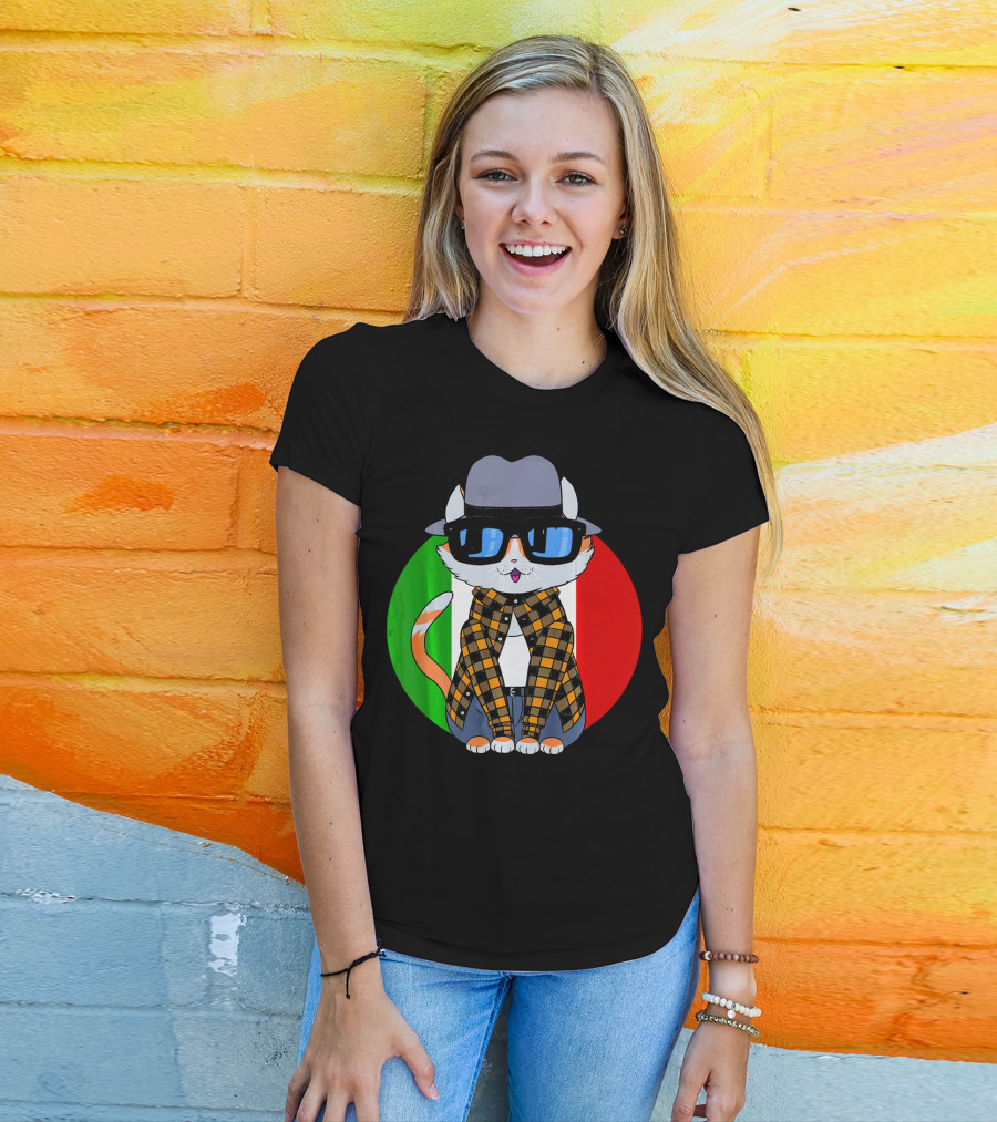 Cinco De Mayo Mexican Kitty Cat With Sunglasses And Plaid Shirt In Front Of Tricolor Circle T-Shirt