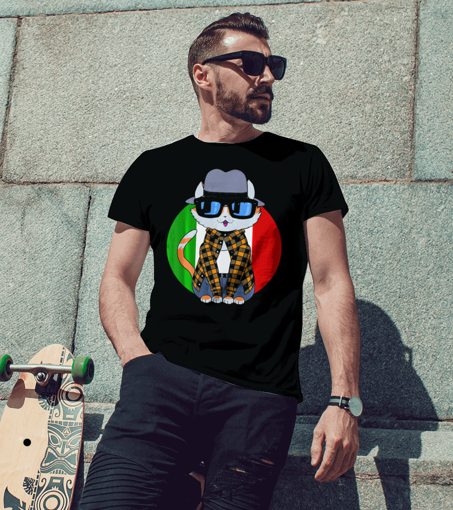 Cinco De Mayo Mexican Kitty Cat With Sunglasses And Plaid Shirt In Front Of Tricolor Circle T-Shirt