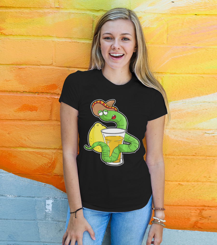 Funny Drunk Tequila Worm With Shot And Lemon Party Vibes T-Shirt