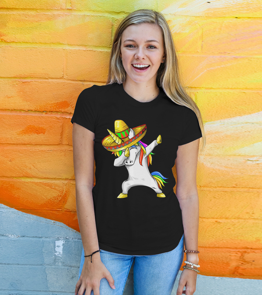 Dabbing Cinco De Mayo Unicorn With Sombrero And Rainbow Mane T-Shirt