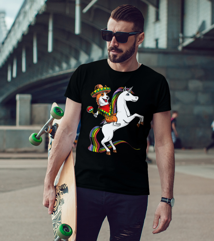 Corgi Riding Unicorn In Sombrero With Maracas Cinco De Mayo Mexic Fiesta T-Shirt