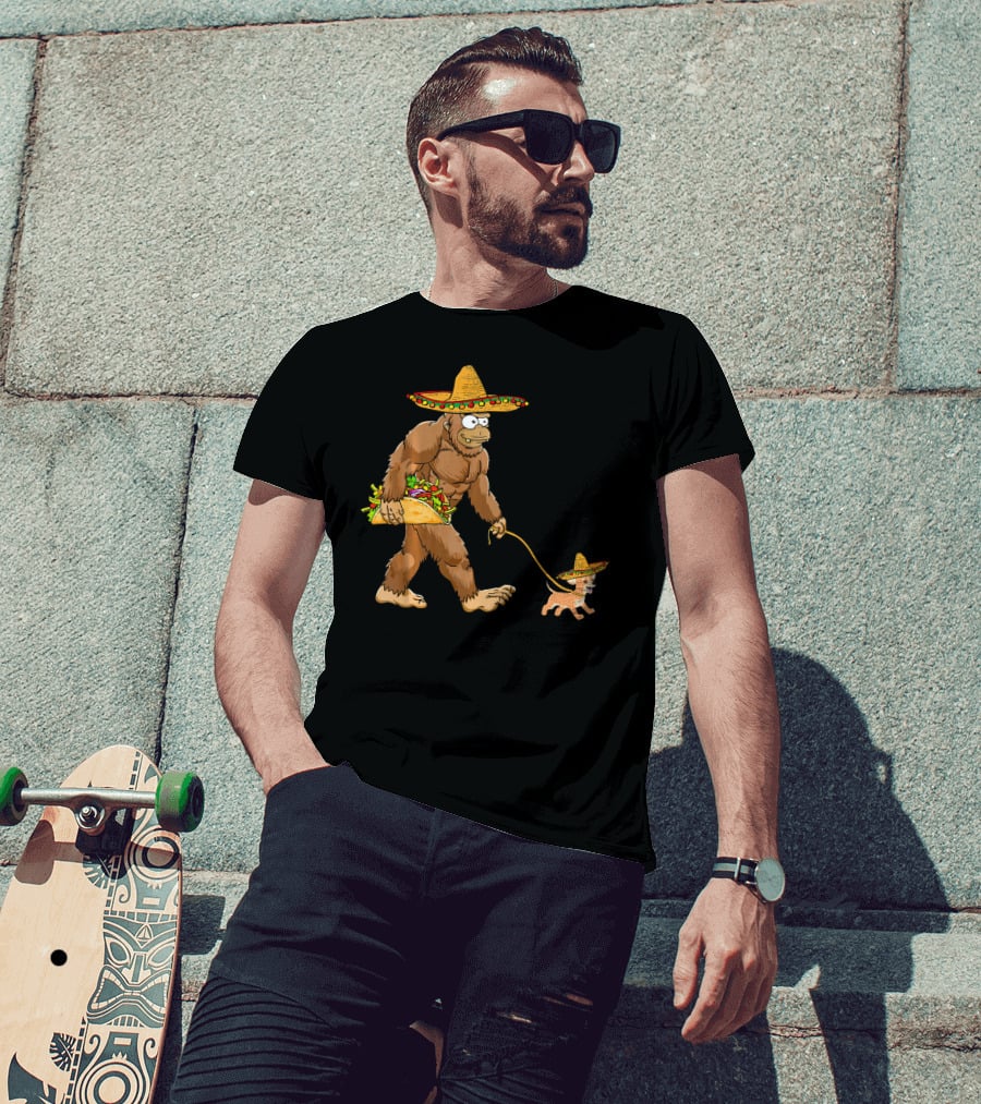 Bigfoot Taco Sombrero Chihuahua Dog Walking Cinco De Mayo T-Shirt