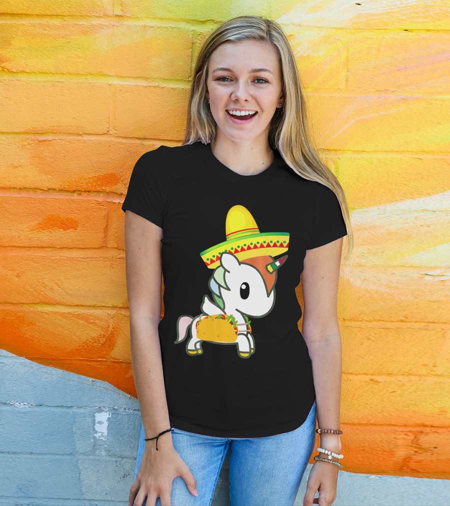 Chibi Cinco De Mayo Unicorn Wearing Sombrero Taco T-Shirt