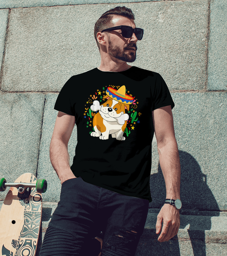 Bulldog Puppy In Sombrero With Bone And Cactus Cinco De Mayo T-Shirt