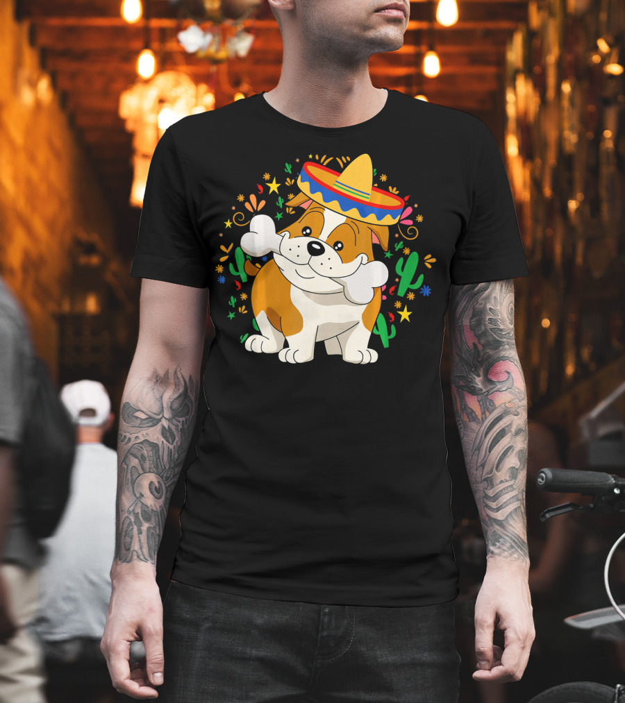 Bulldog Puppy in Sombrero with Bone and Cactus Cinco de Mayo T-Shirt