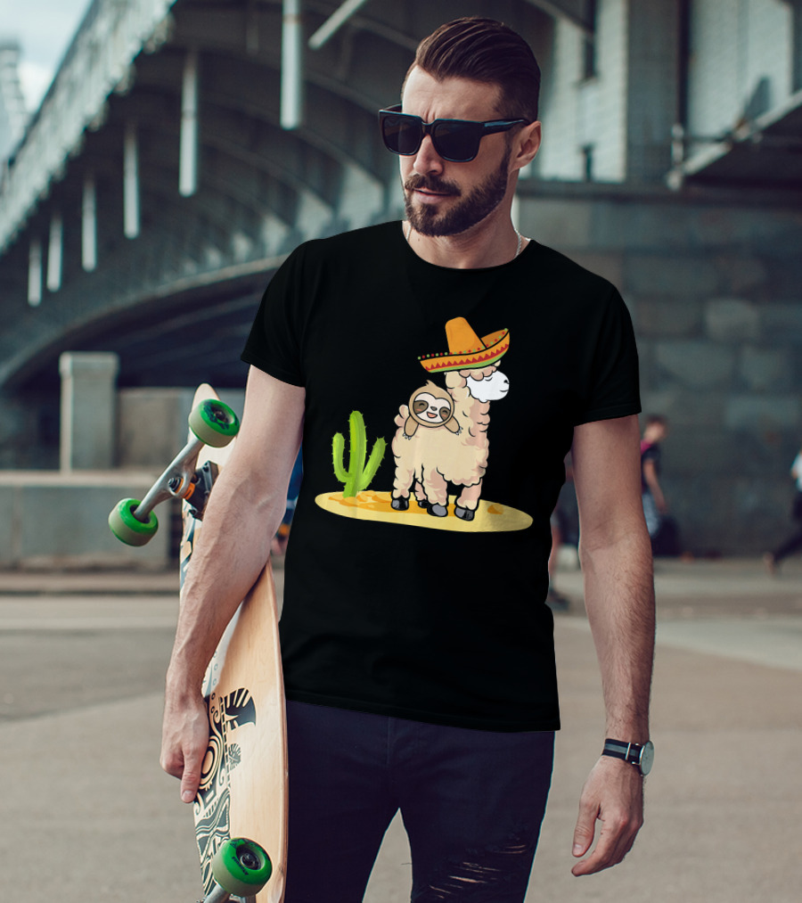 Cinco De Mayo Mexican Llama Sloth Riding Sombrero Cactus Desert Scene T-Shirt