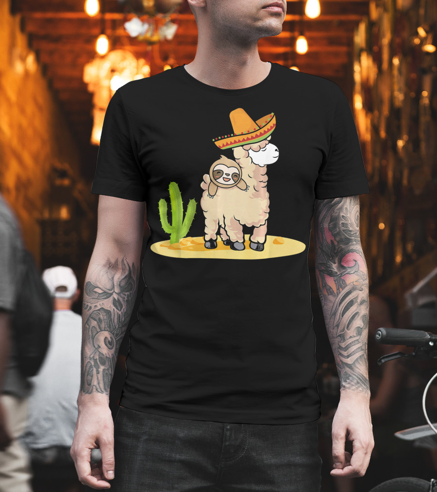Cinco De Mayo Mexican Llama Sloth Riding Sombrero Cactus Desert Scene T-Shirt