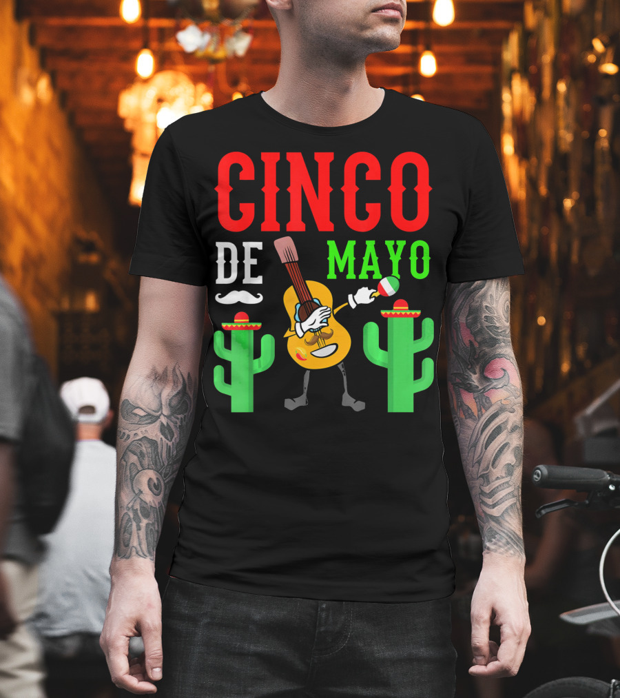 Cinco De Mayo Dabbing Guitar with Cactus and Mustache T-Shirt