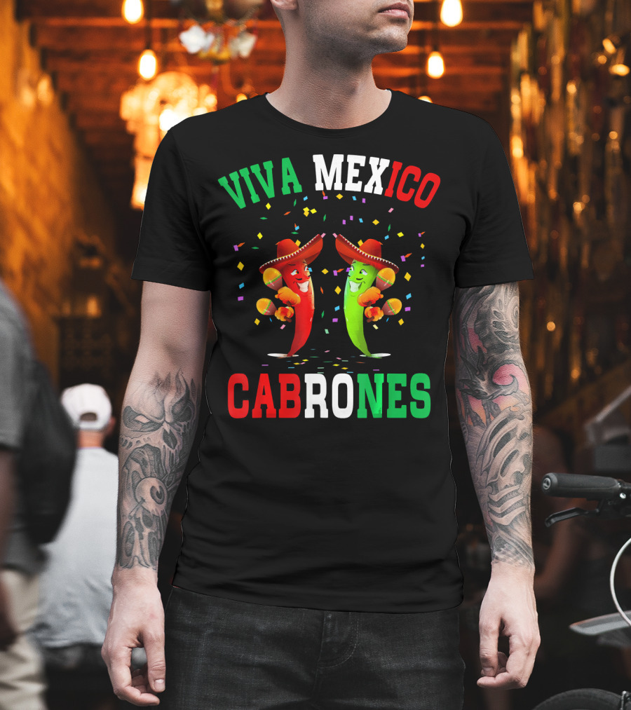 Viva Mexico Cabrones Red Green Chili Peppers Sombreros Confetti T-Shirt