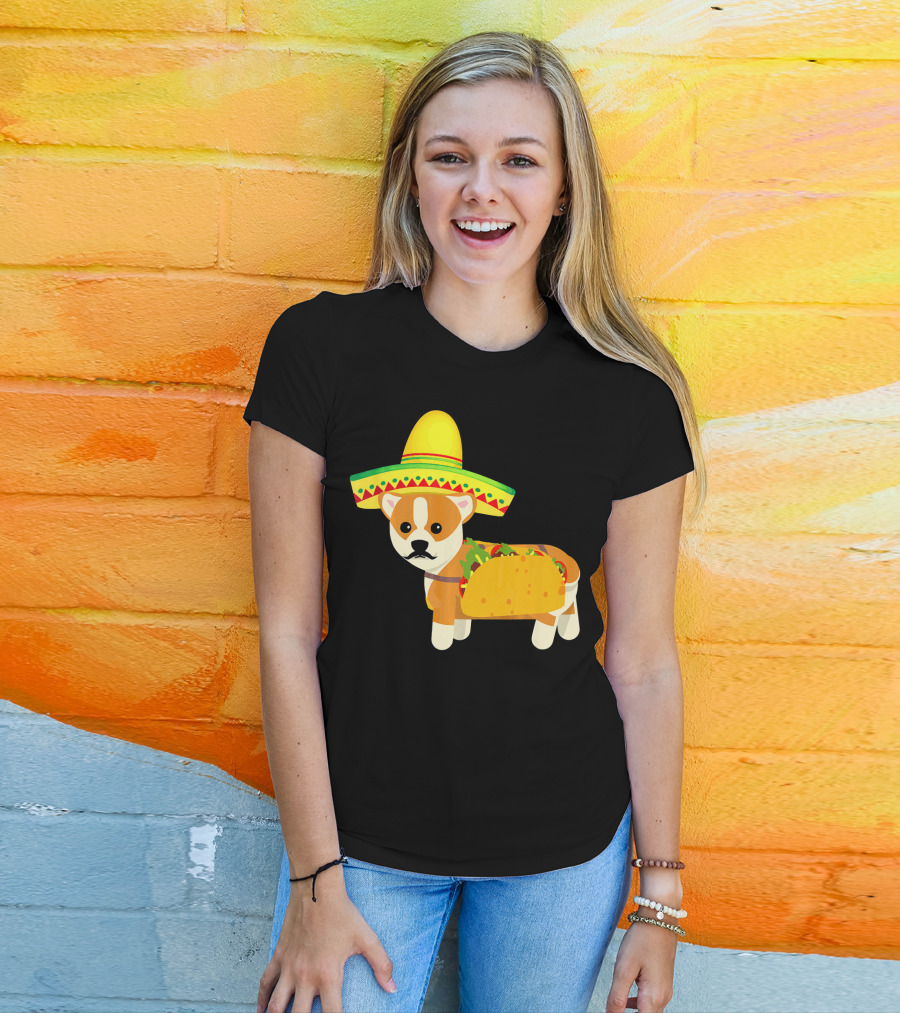 Funny Mexican Corgi In Sombrero Taco Cinco De Mayo T-Shirt