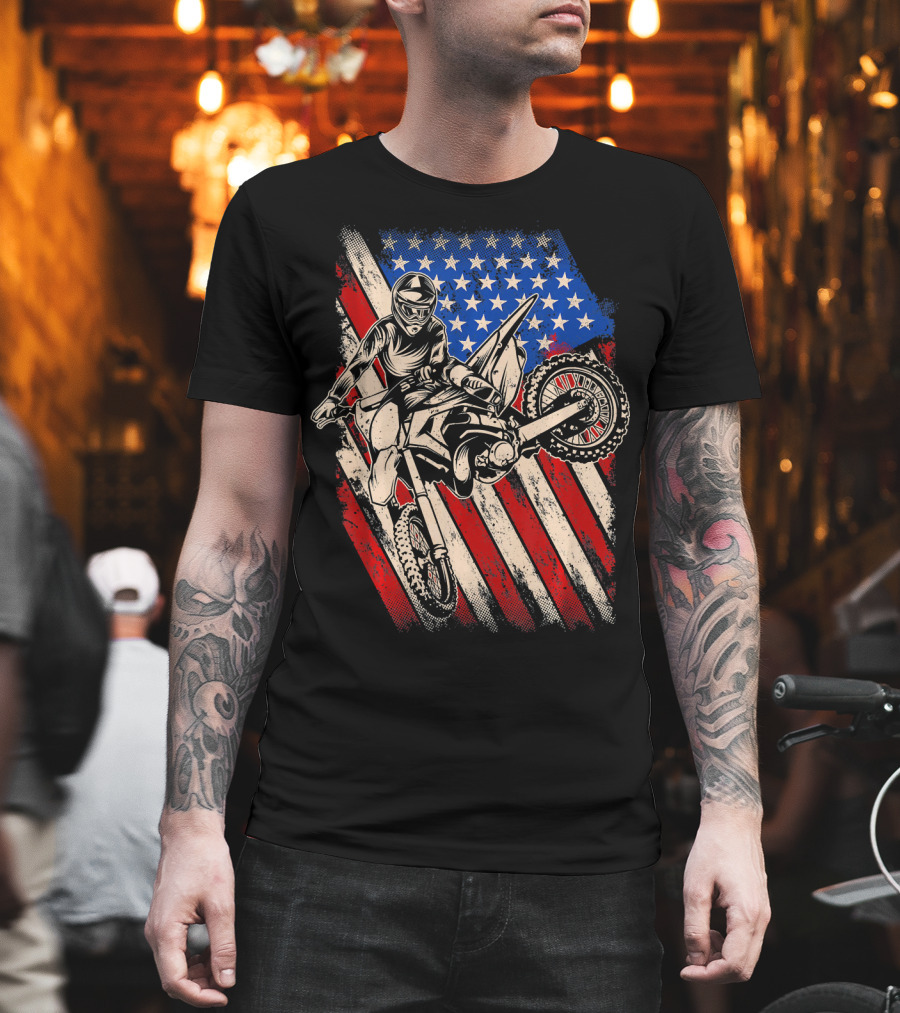 Vintage Dirt Bike Motocross with American Flag Background T-Shirt