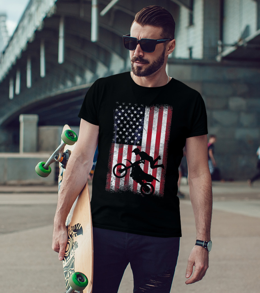 American Flag Motocross Rider Silhouette Patriotic USA T-Shirt