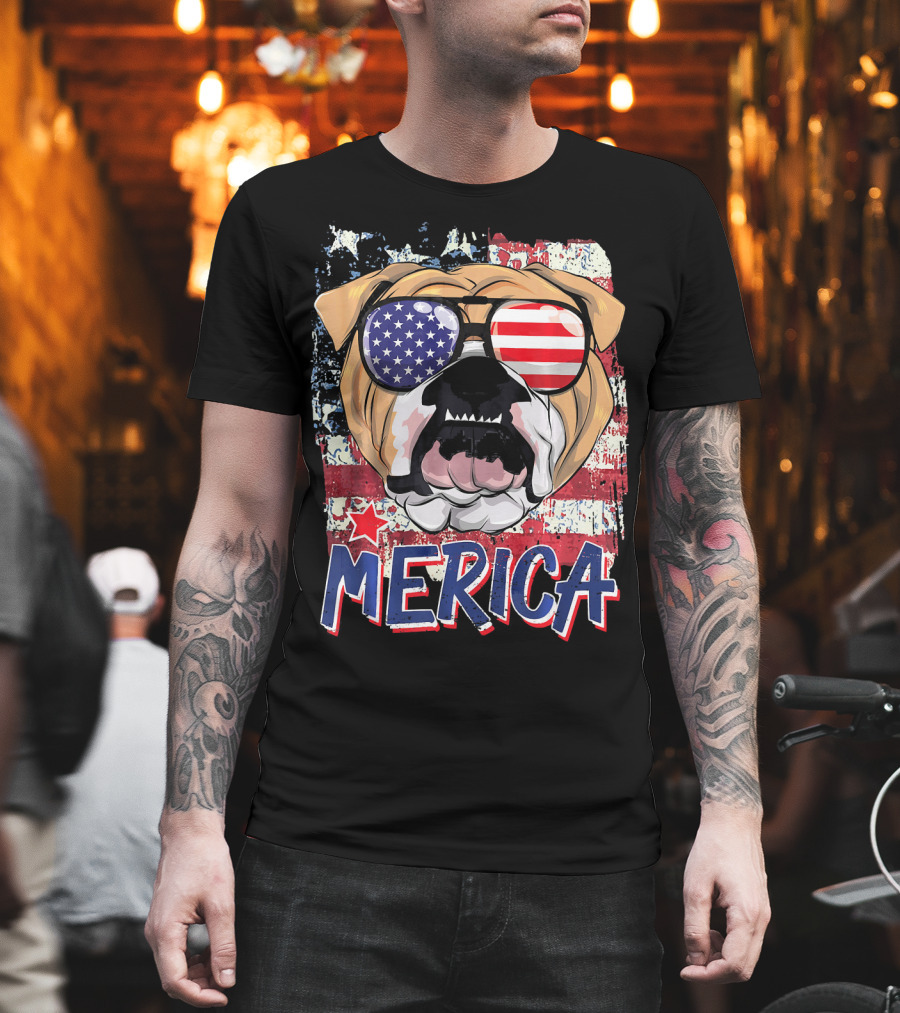 Merica Bulldog with American Flag Sunglasses T-Shirt