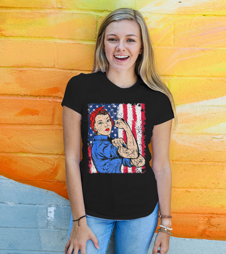 Rosie The Riveter Feminist Patriotic USA American Flag Iconic Empowerment T-Shirt