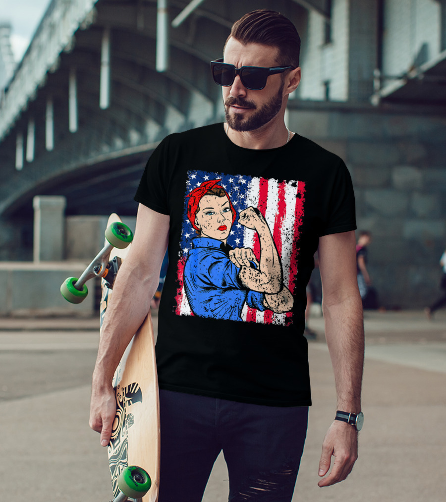 Rosie The Riveter Feminist Patriotic USA American Flag Iconic Empowerment T-Shirt