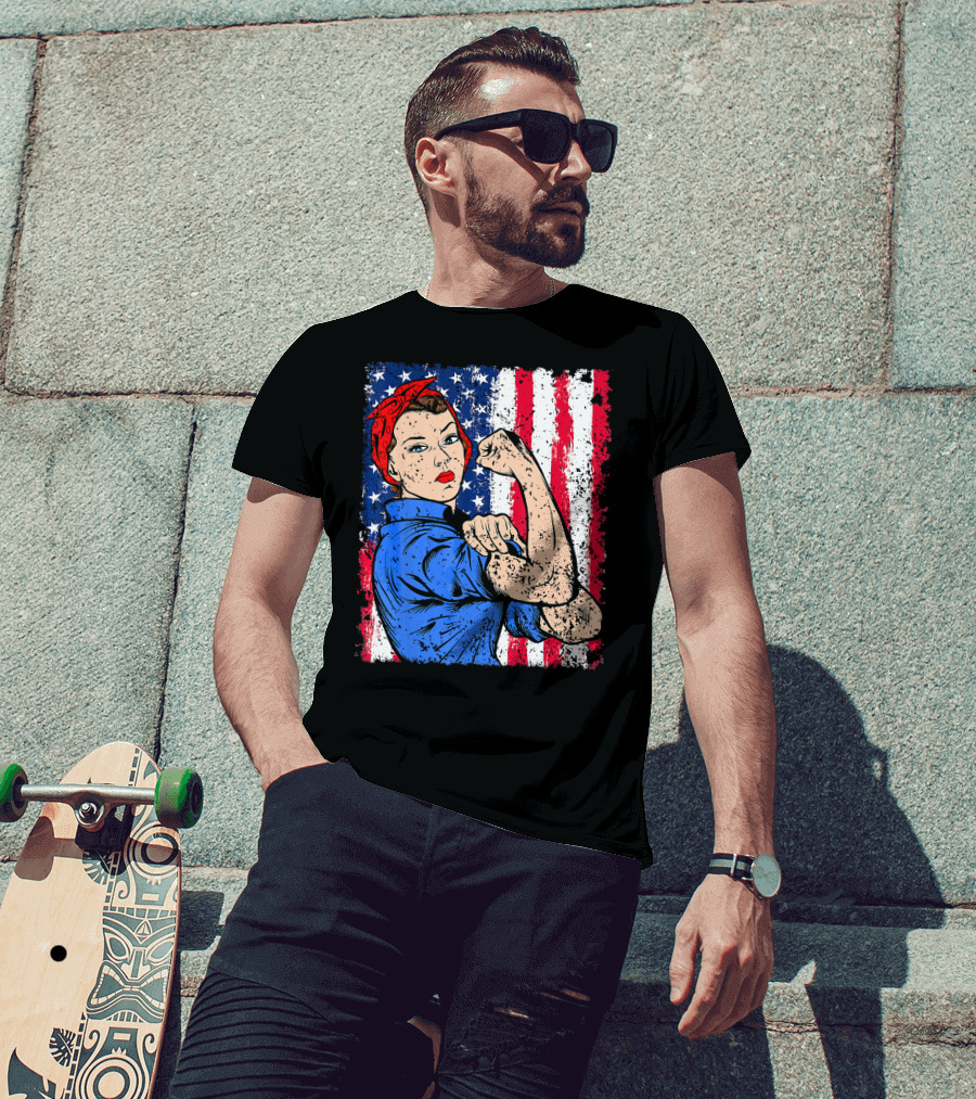 Rosie The Riveter Feminist Patriotic USA American Flag Iconic Empowerment T-Shirt