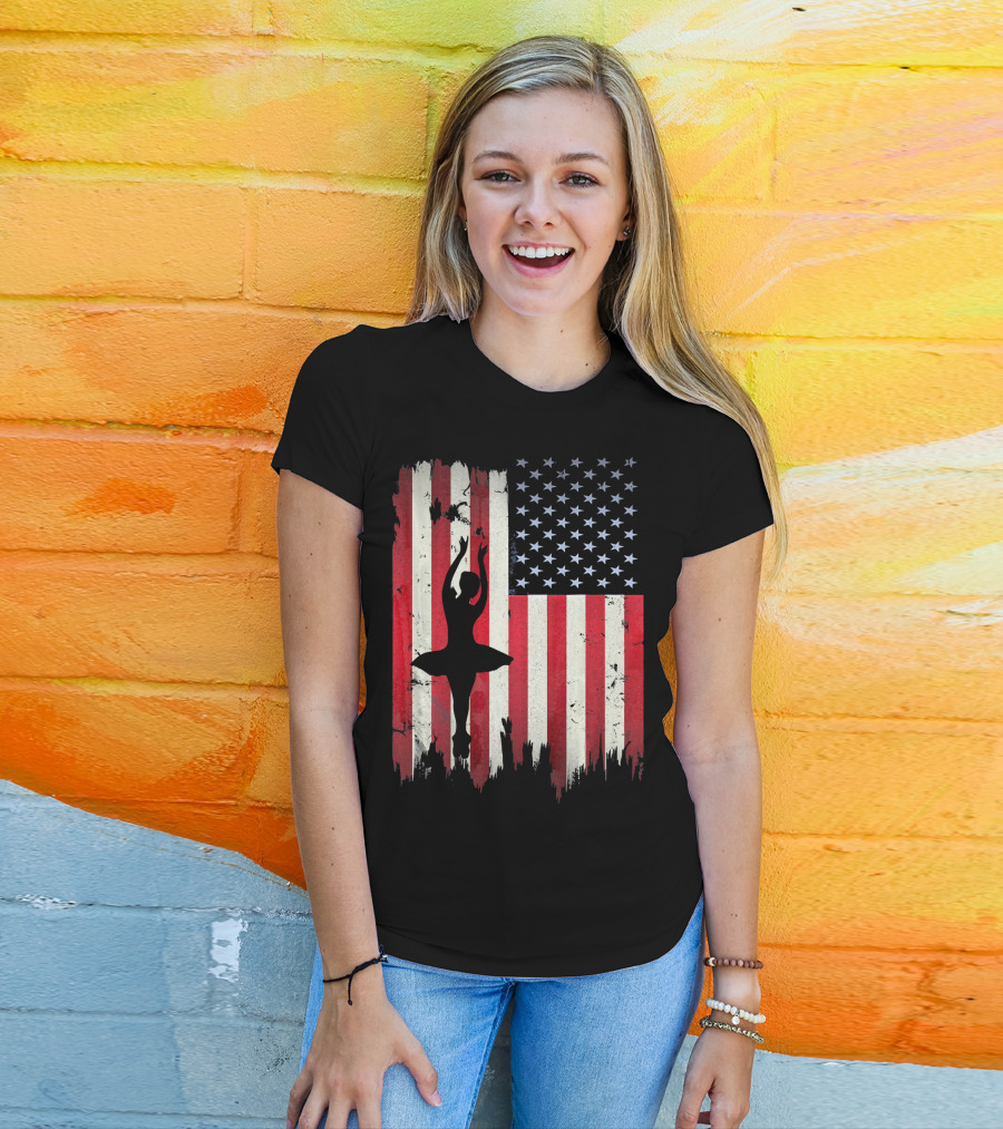 Ballerina Silhouette With American Flag Ballet USA T-Shirt