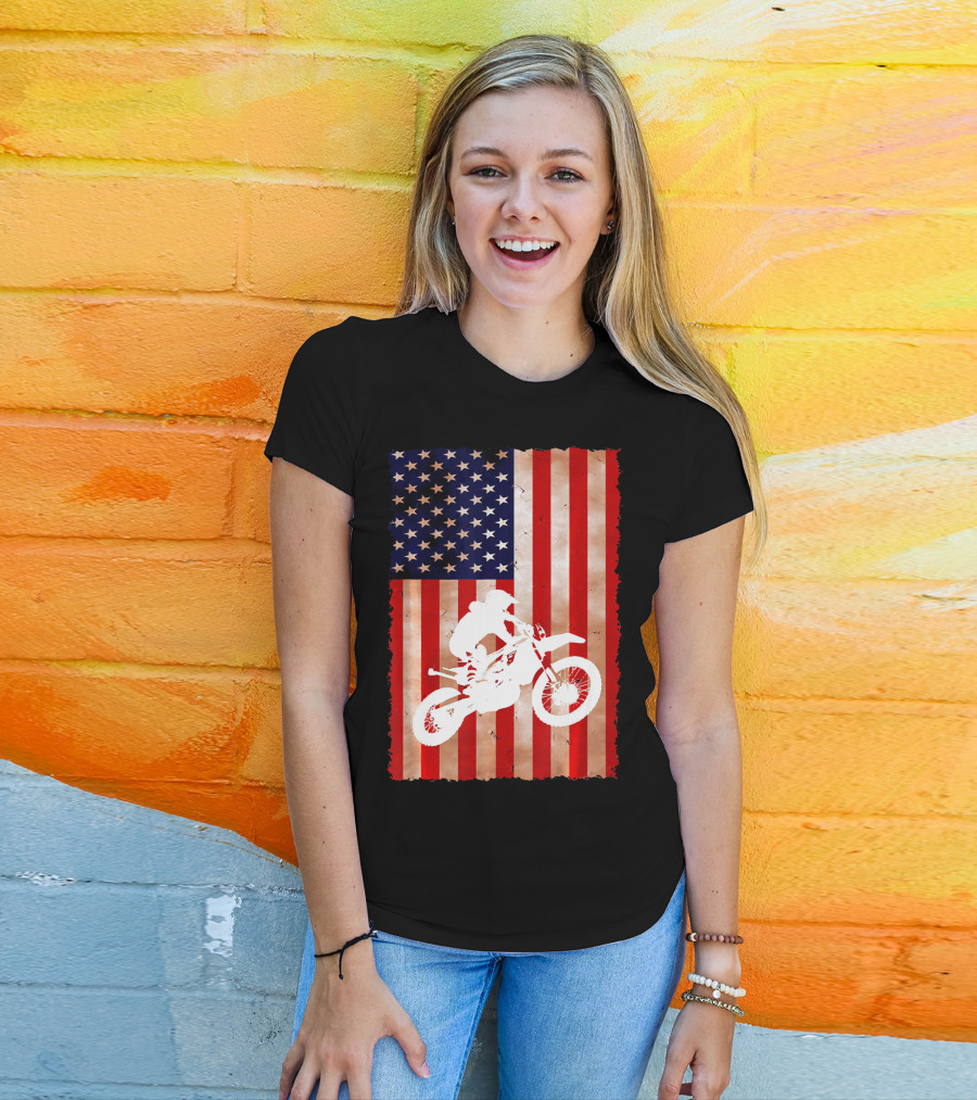 Dirt Bike Motocross American Flag Patriotic Ride USA T-Shirt