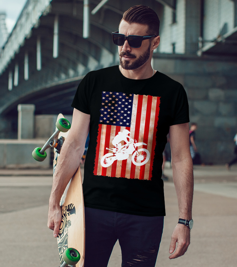 Dirt Bike Motocross American Flag Patriotic Ride USA T-Shirt