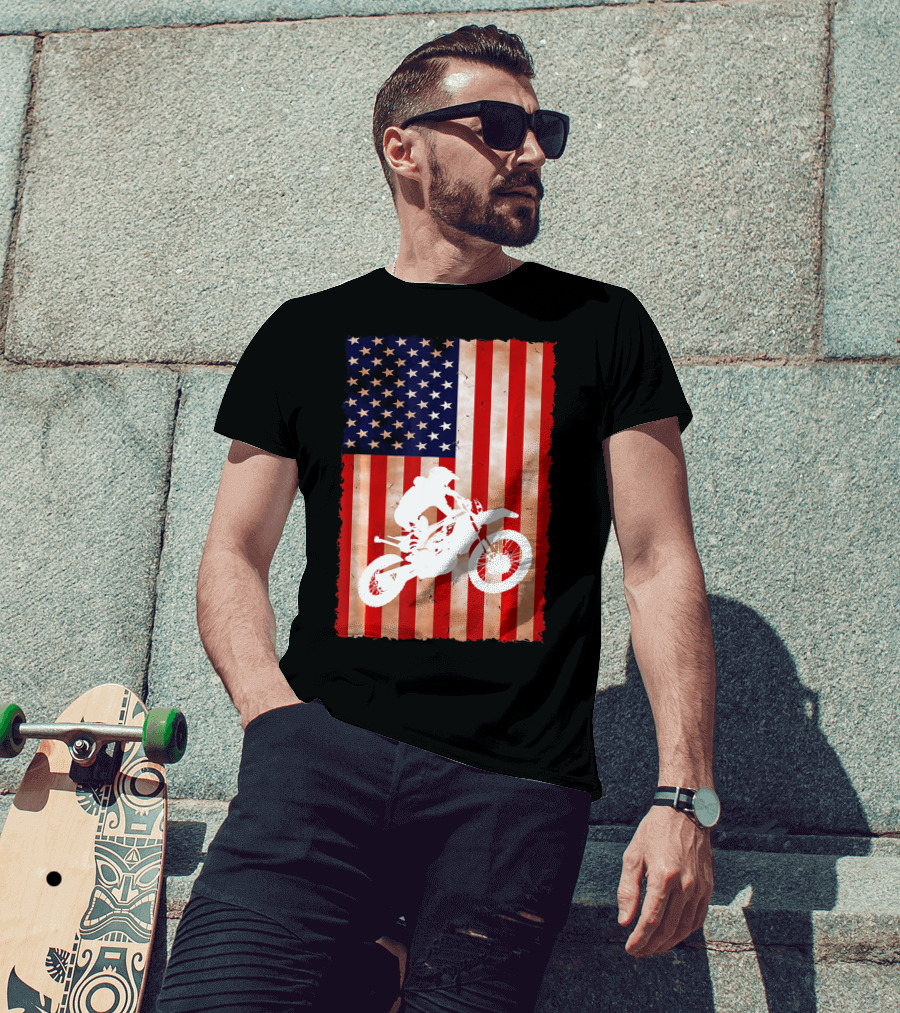 Dirt Bike Motocross American Flag Patriotic Ride USA T-Shirt