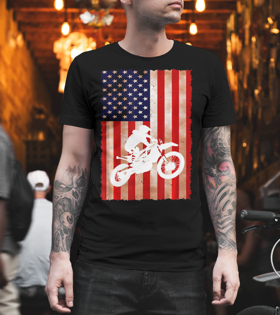 Dirt Bike Motocross American Flag Patriotic Ride USA T-Shirt