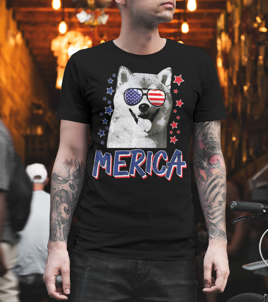 Merica Shiba Inu Dog Patriotic USA Stars And Stripes Sunglasses T-Shirt