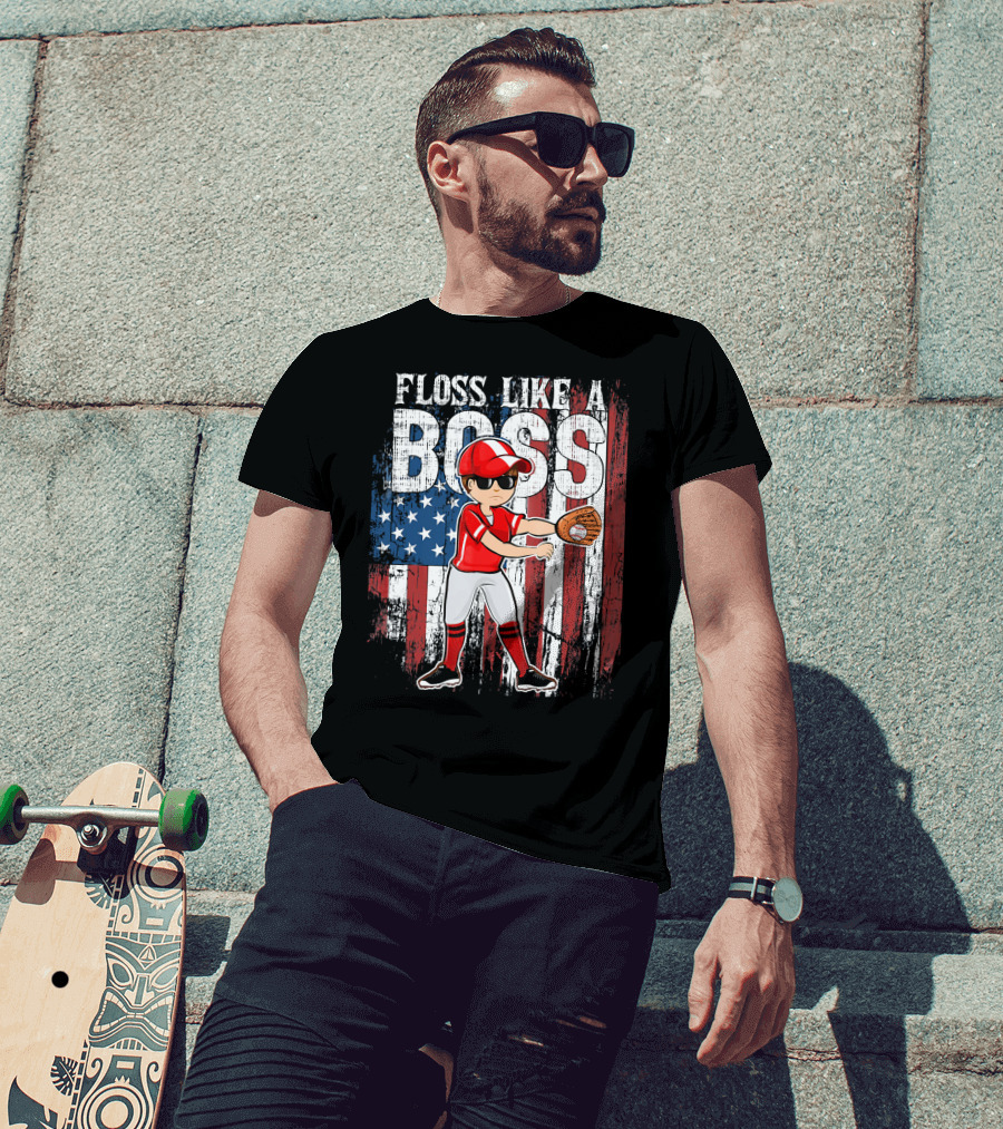 Floss Like A Boss American Baseball Spirit With Flag Background T-Shirt
