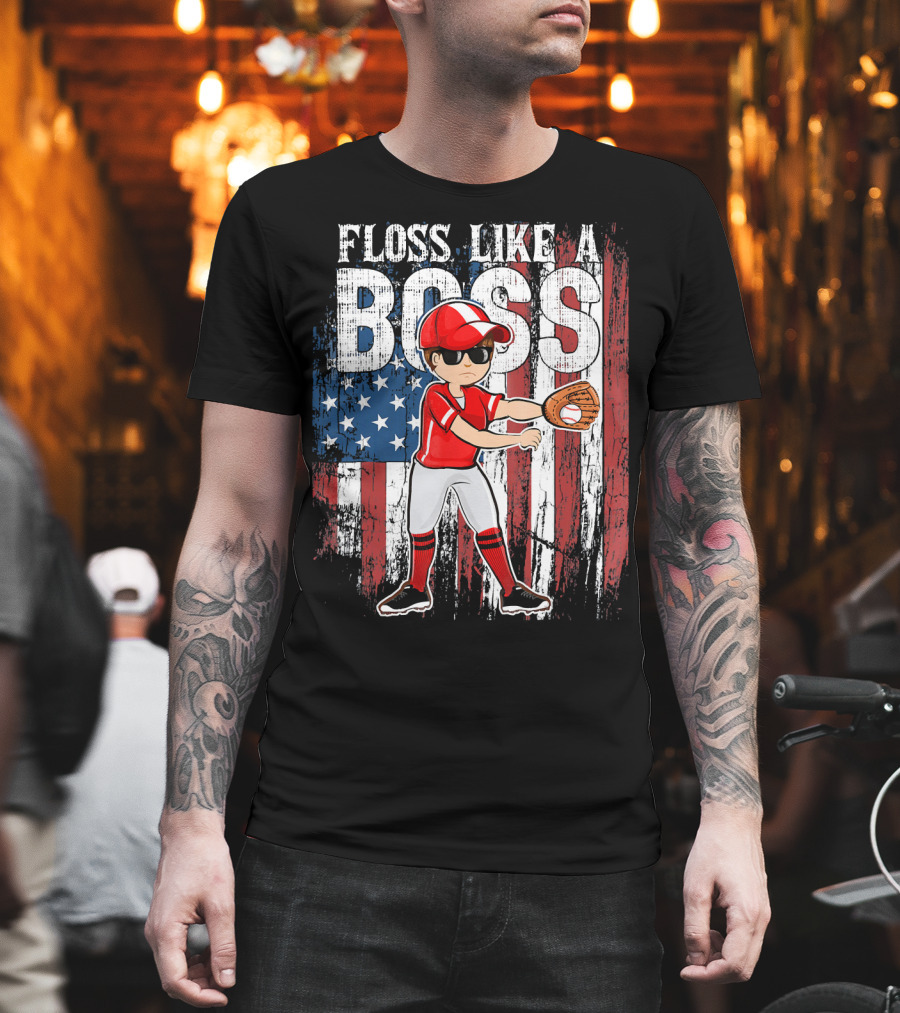 Floss Like a Boss American Baseball Spirit with Flag Background T-Shirt