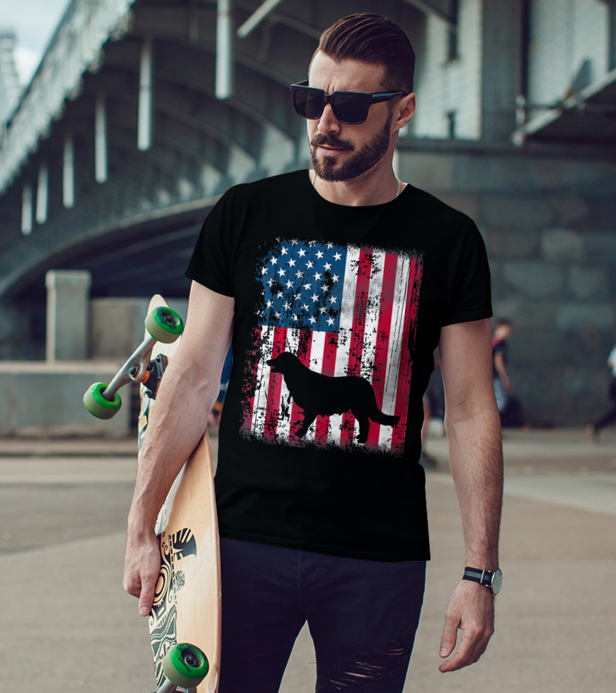 Golden Retriever Silhouette Over American Flag USA T-Shirt