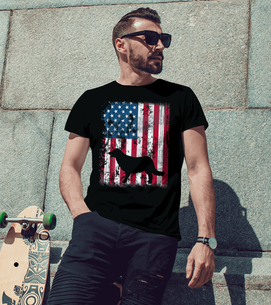Golden Retriever Silhouette Over American Flag USA T-Shirt