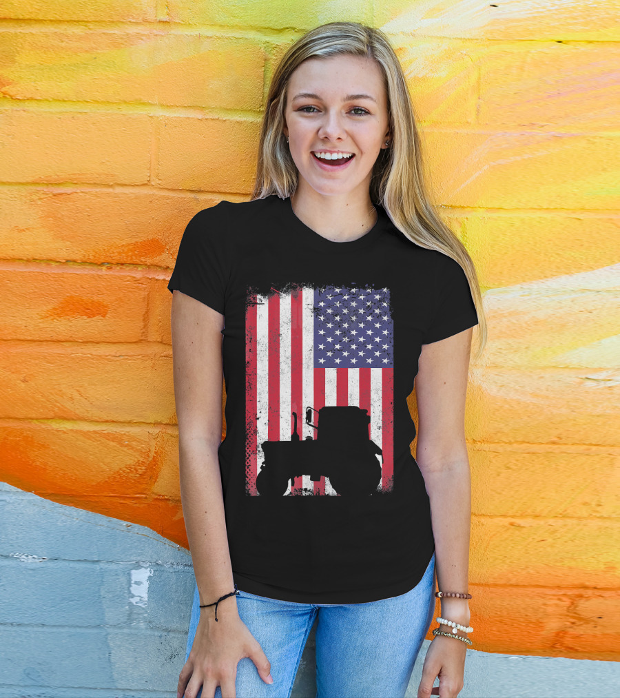 Tractor Silhouette Against Distressed American Flag Patriotic T-Shirt