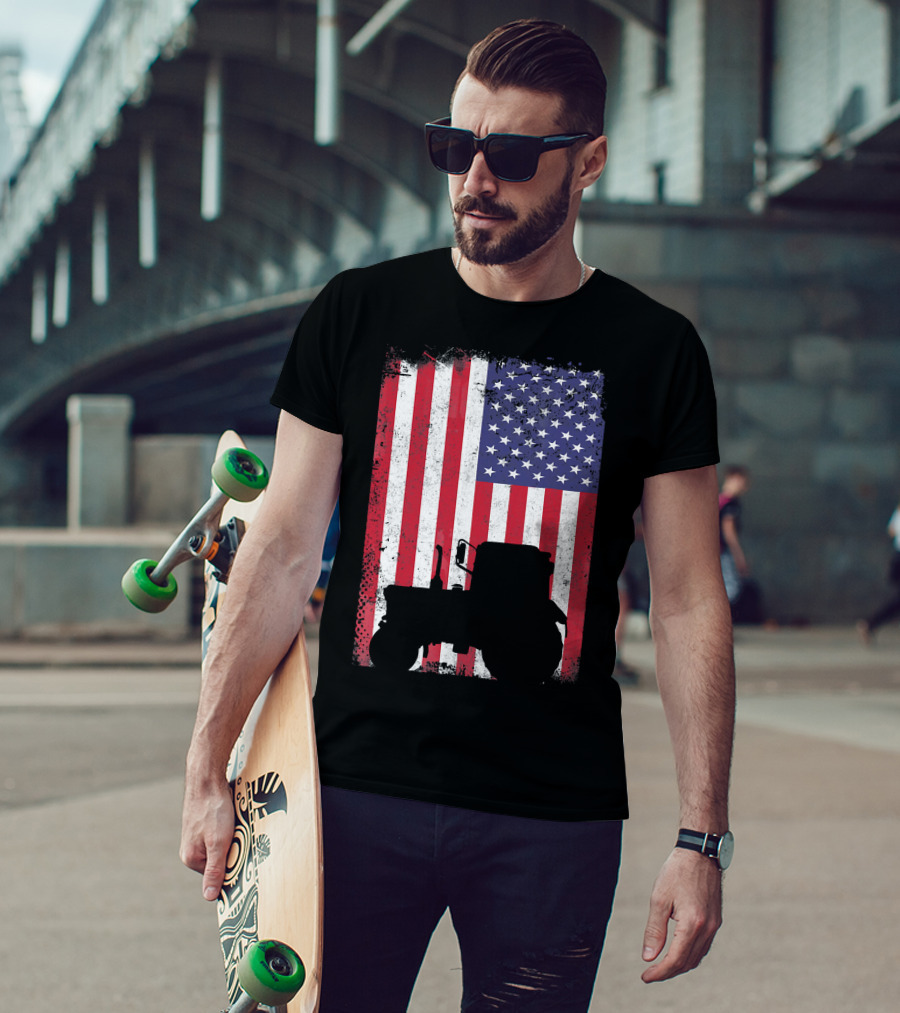 Tractor Silhouette Against Distressed American Flag Patriotic T-Shirt