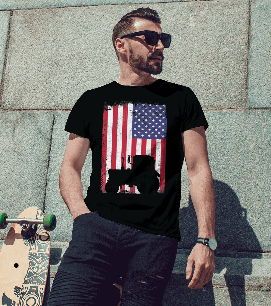 Tractor Silhouette Against Distressed American Flag Patriotic T-Shirt