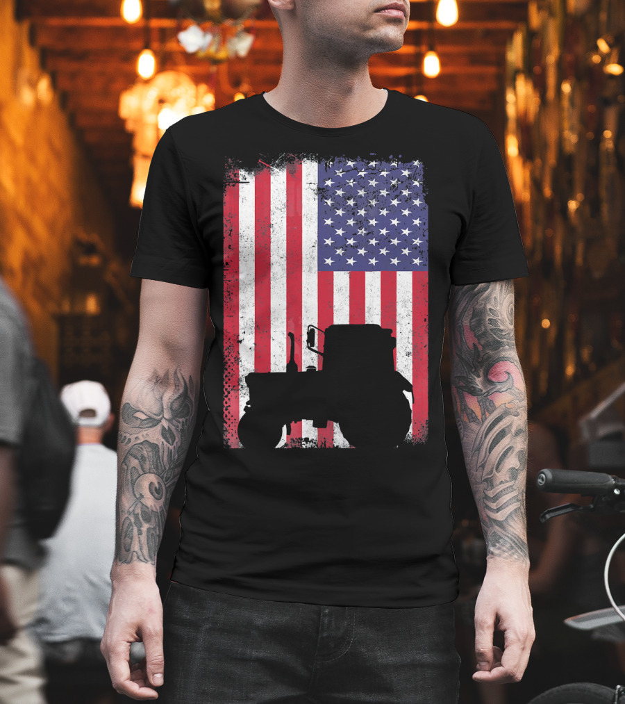 Tractor Silhouette Against Distressed American Flag Patriotic T-Shirt