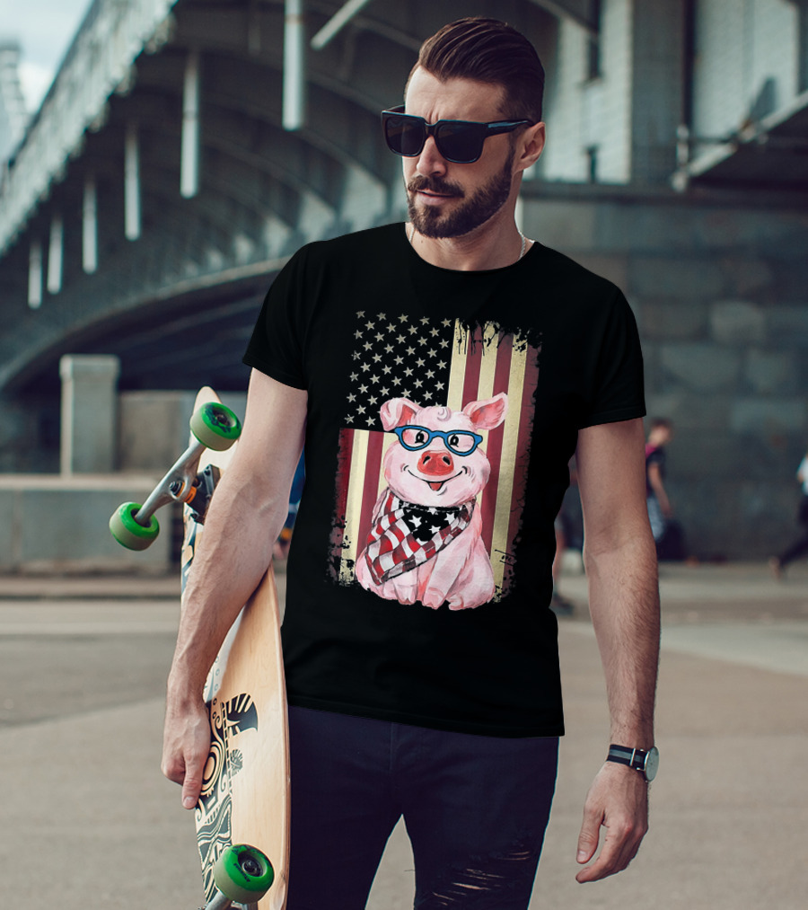 American Flag Pig With Glasses And Bandana T-Shirt