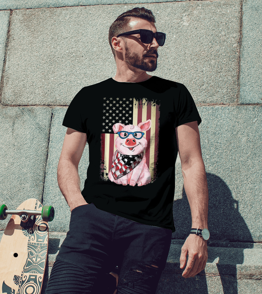 American Flag Pig With Glasses And Bandana T-Shirt