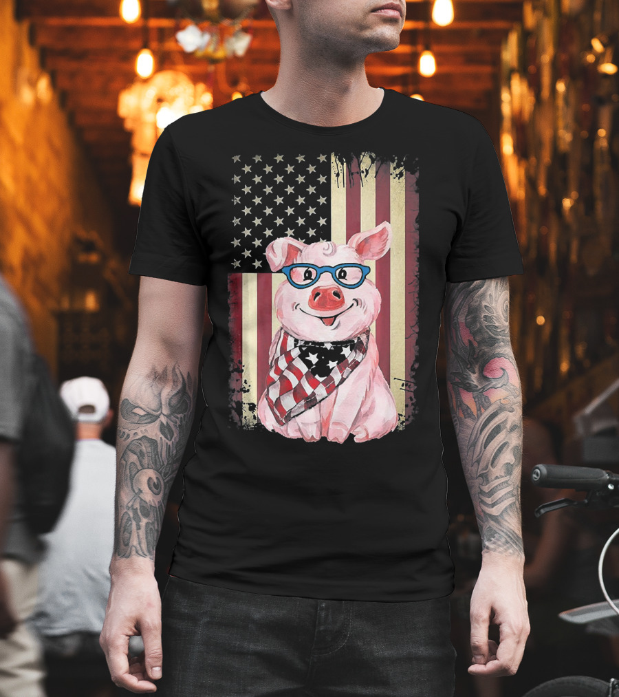 American Flag Pig with Glasses and Bandana T-Shirt