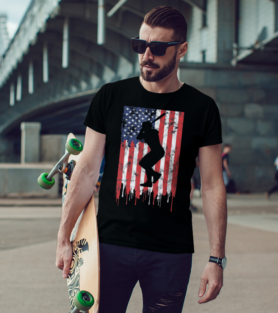 Vintage Baseball Batter Silhouette On Dripping American Flag Background T-Shirt