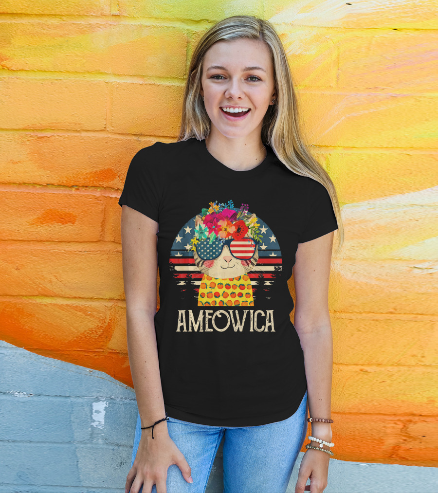 Ameowica Cute Cat With American Flag Glasses And Floral Crown T-Shirt