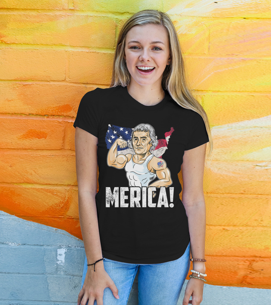 Thomas Jefferson Flexing Muscles Merica USA Flag T-Shirt