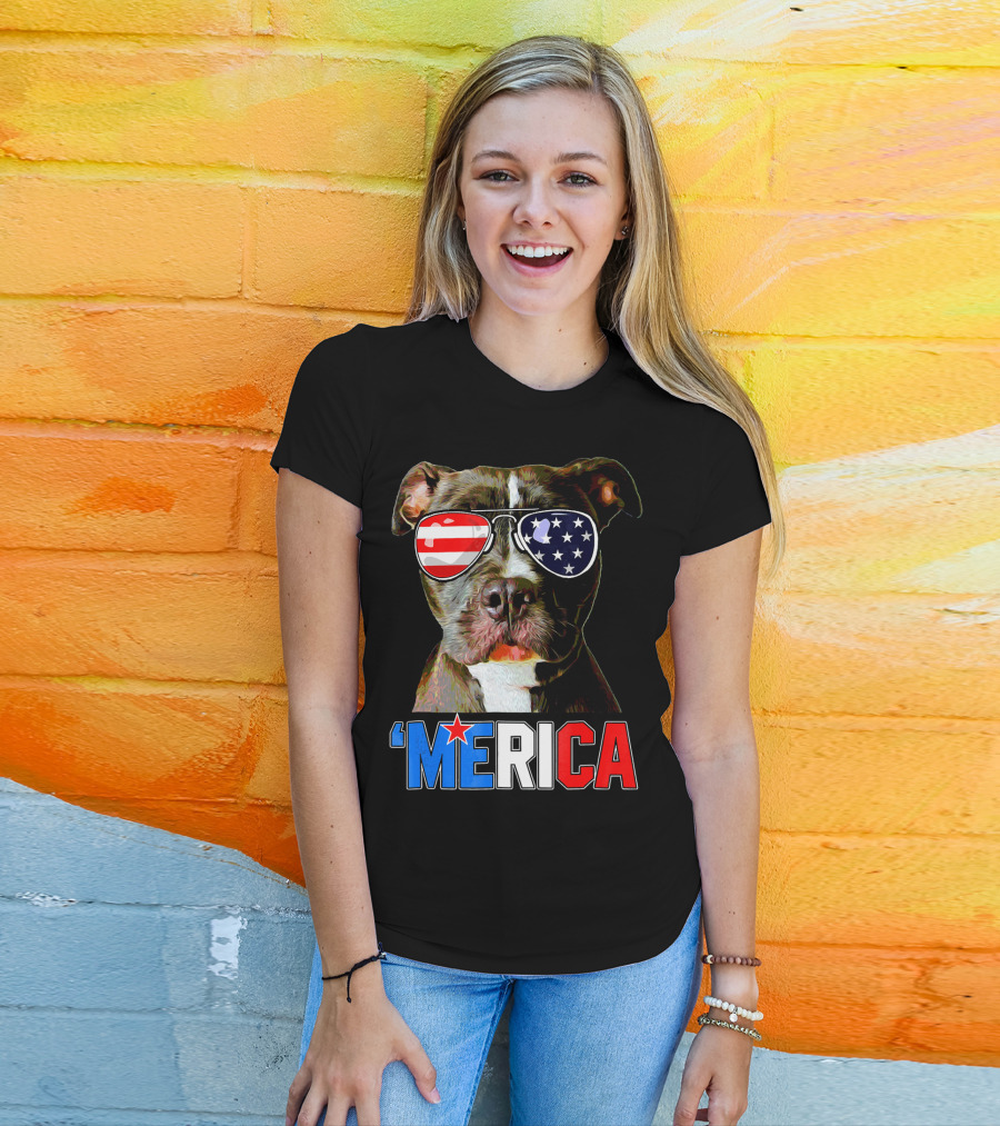 Pitbull 'Merica Memorial Day Patriotic USA Sunglasses T-Shirt