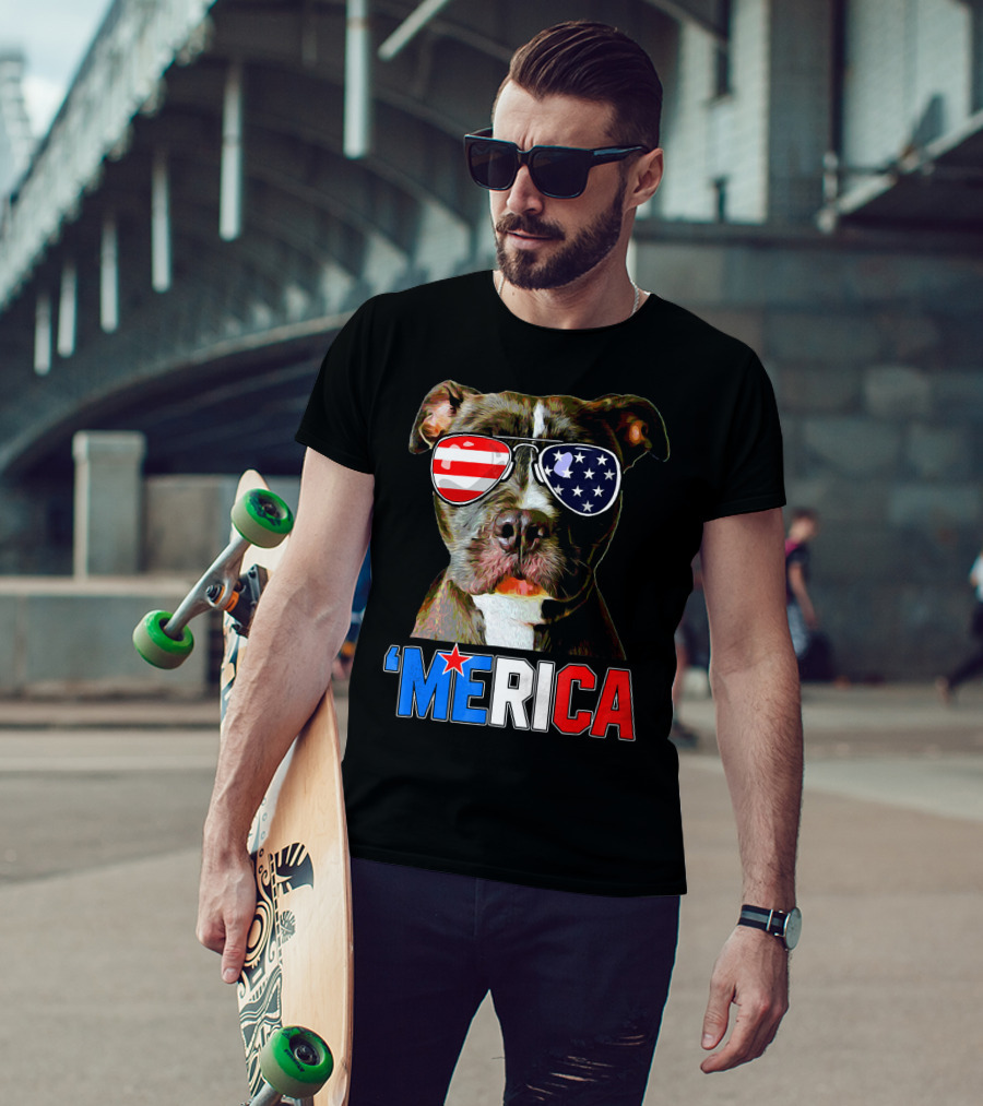 Pitbull 'Merica Memorial Day Patriotic USA Sunglasses T-Shirt