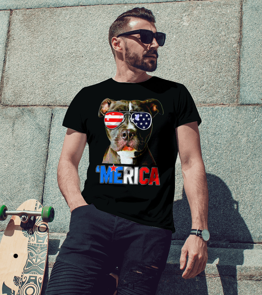 Pitbull 'Merica Memorial Day Patriotic USA Sunglasses T-Shirt