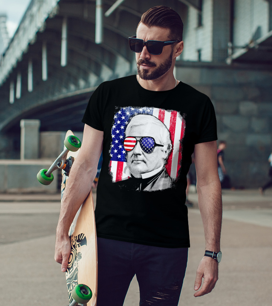 Millard Fillmore Portrait With American Flag Sunglasses And US Flag Background T-Shirt